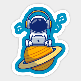 Cute Astronaut Listening Music With Laptop And Headphone Sticker